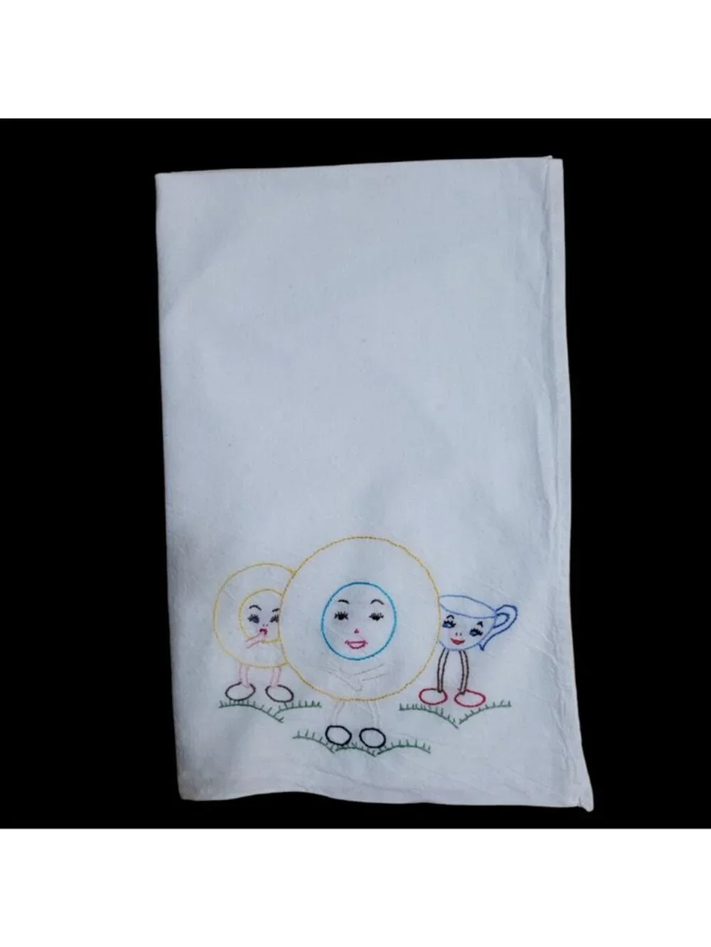 3 Vtg Hand-Embroidered White Cotton Flout Sack Towels Anthropomorphic Kitchen